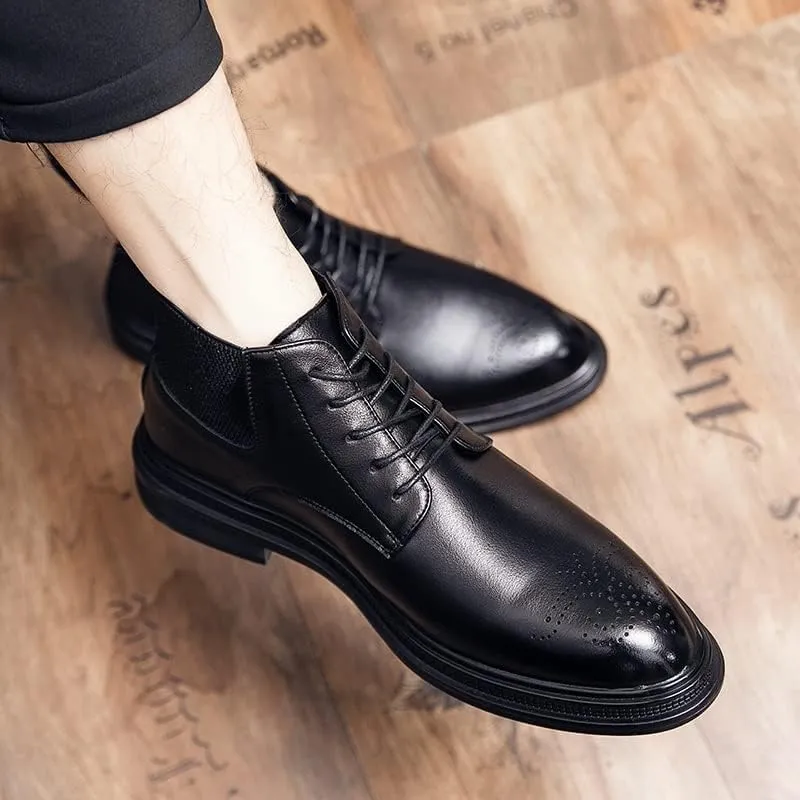 Mens Ankle Boots Slip Resistant Waterproof Wearable Round Burnished Toe Brogue Embossed Vegan Leather Stylish Dress