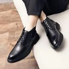 Mens Ankle Boots Slip Resistant Waterproof Wearable Round Burnished Toe Brogue Embossed Vegan Leather Stylish Dress