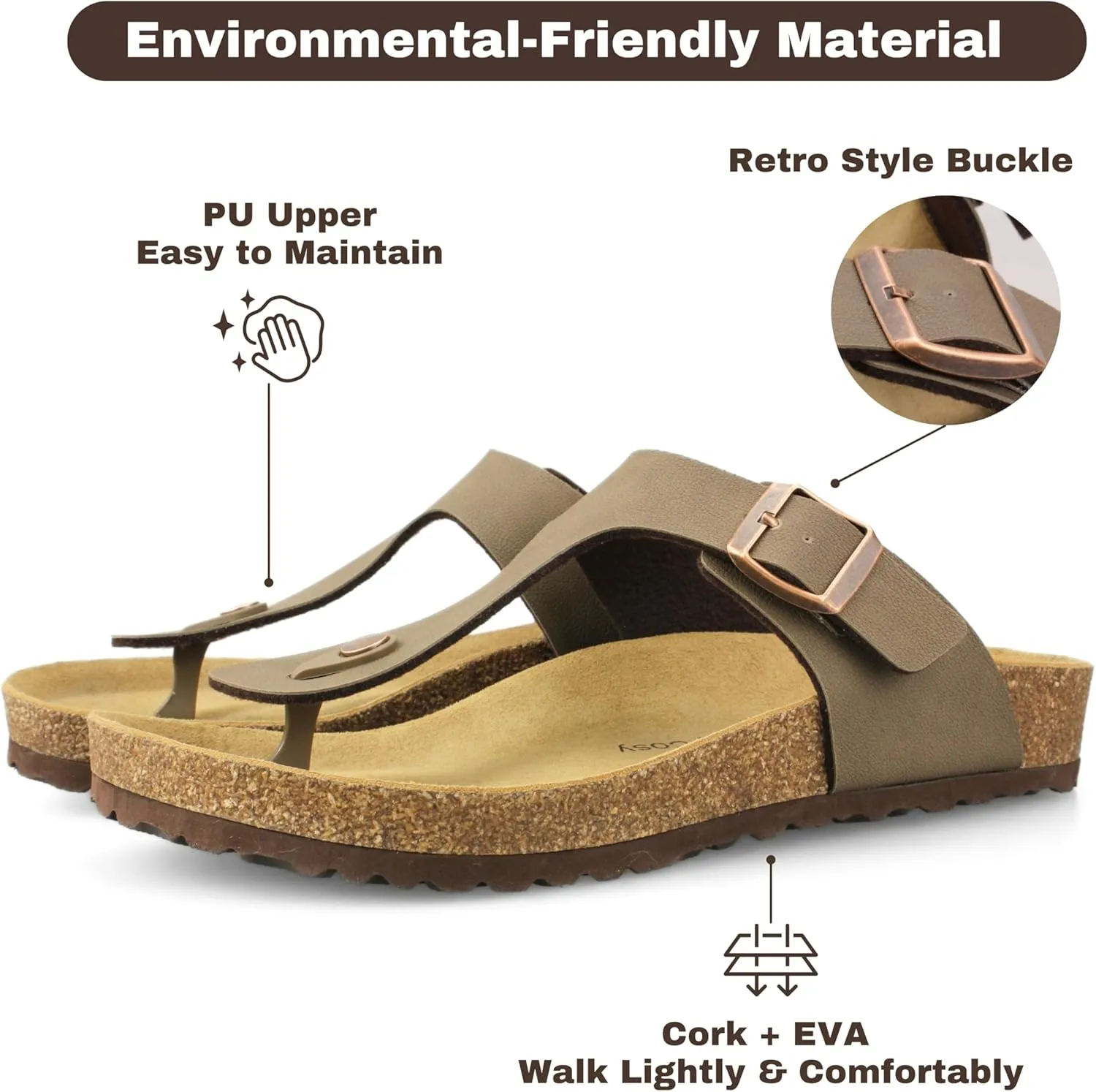 Men's Cork Footbed Flip Flops, Thong Sandals with Adjustable Straps and Arch Support, Open Toe Beach Sandals All-Day Comfort Summer Shoes