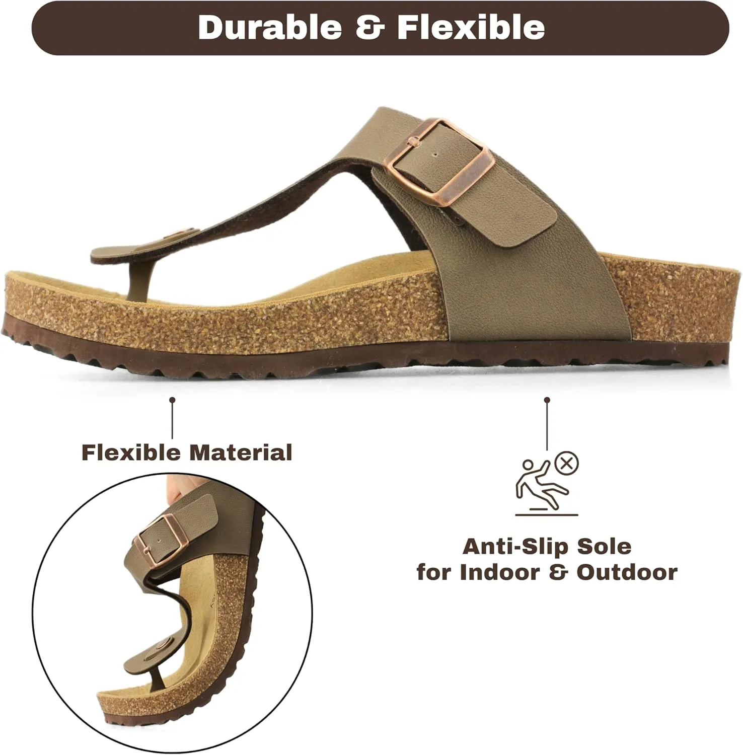 Men's Cork Footbed Flip Flops, Thong Sandals with Adjustable Straps and Arch Support, Open Toe Beach Sandals All-Day Comfort Summer Shoes