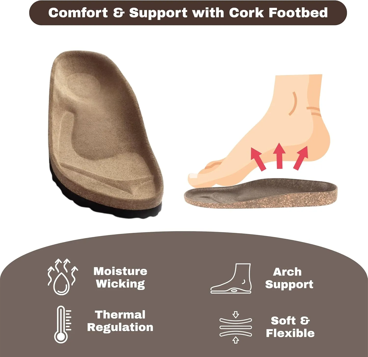 Men's Cork Footbed Flip Flops, Thong Sandals with Adjustable Straps and Arch Support, Open Toe Beach Sandals All-Day Comfort Summer Shoes
