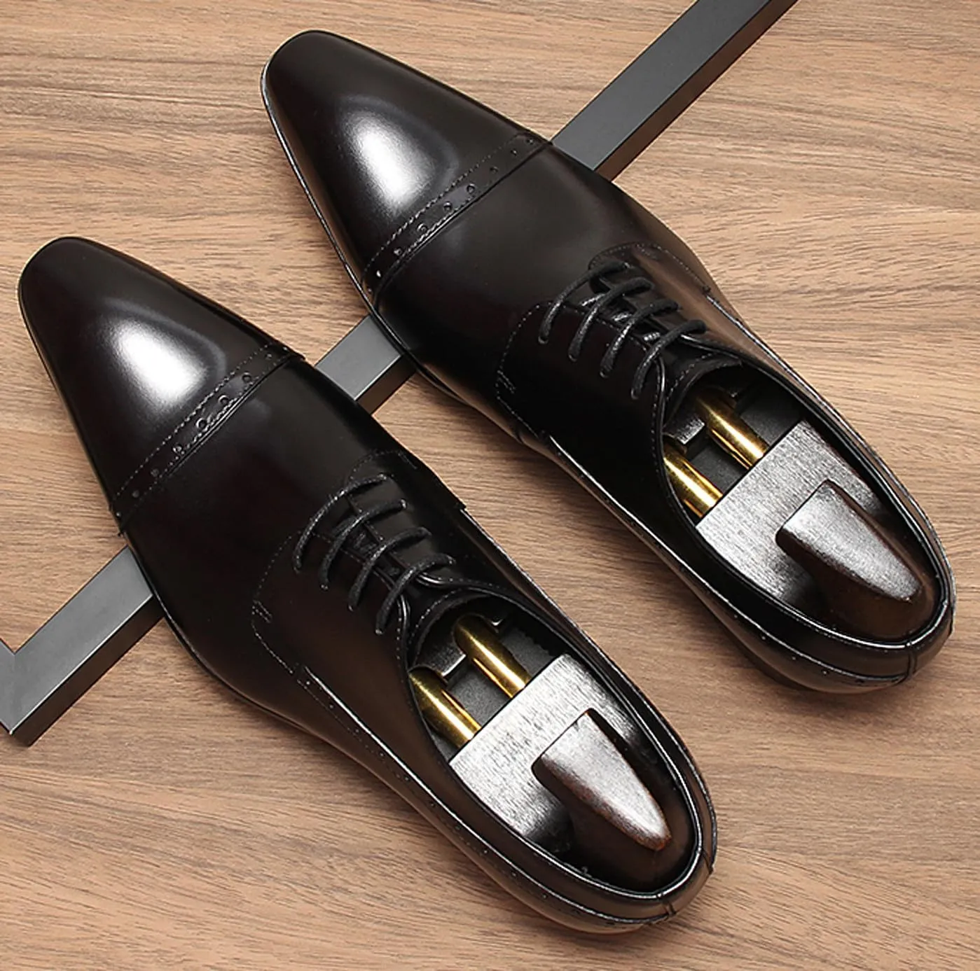 Men’s Leather Cap Toe Oxfords Dress Shoes – Lace-Up Brogue Formal Derby Shoes with Cushioned Insole & Slip-Resistant Sole for Business, Office & Wedding