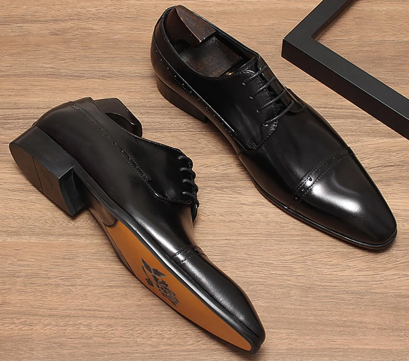Men’s Leather Cap Toe Oxfords Dress Shoes – Lace-Up Brogue Formal Derby Shoes with Cushioned Insole & Slip-Resistant Sole for Business, Office & Wedding