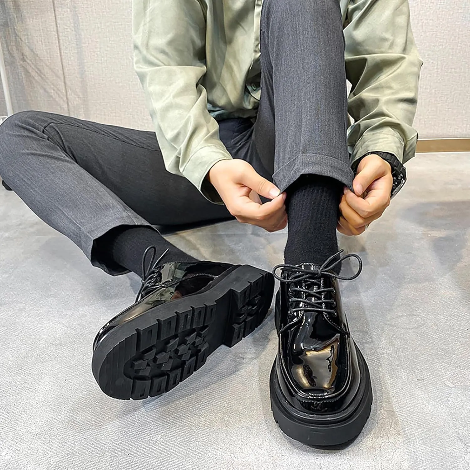 Men's Patent Leather Chunky Platform Black Work Oxford Classic Lace-Up Lug Sole Anti-Slip Formal Shoes Comfortable Business Casual Derby Shoes