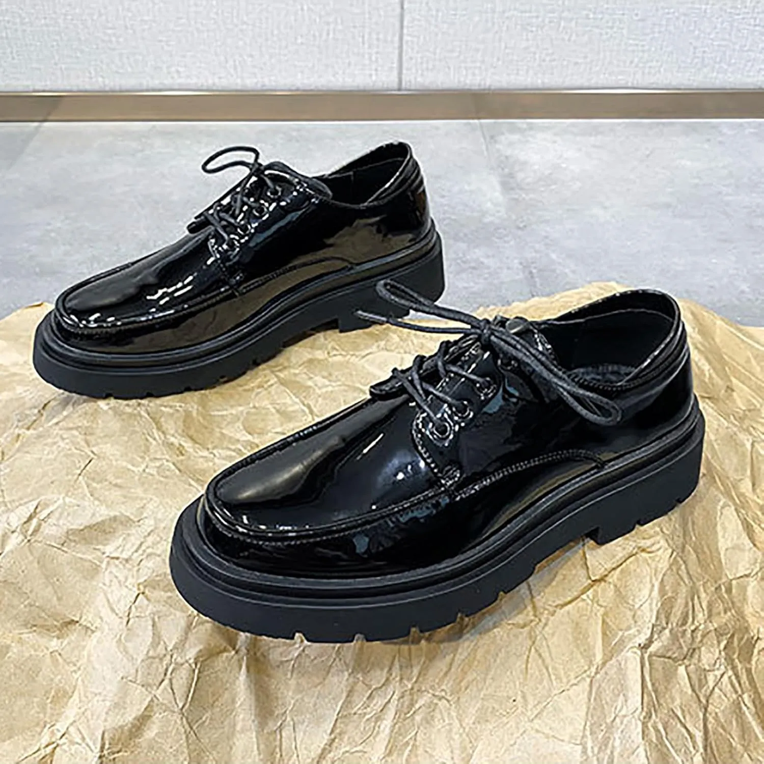 Men's Patent Leather Chunky Platform Black Work Oxford Classic Lace-Up Lug Sole Anti-Slip Formal Shoes Comfortable Business Casual Derby Shoes
