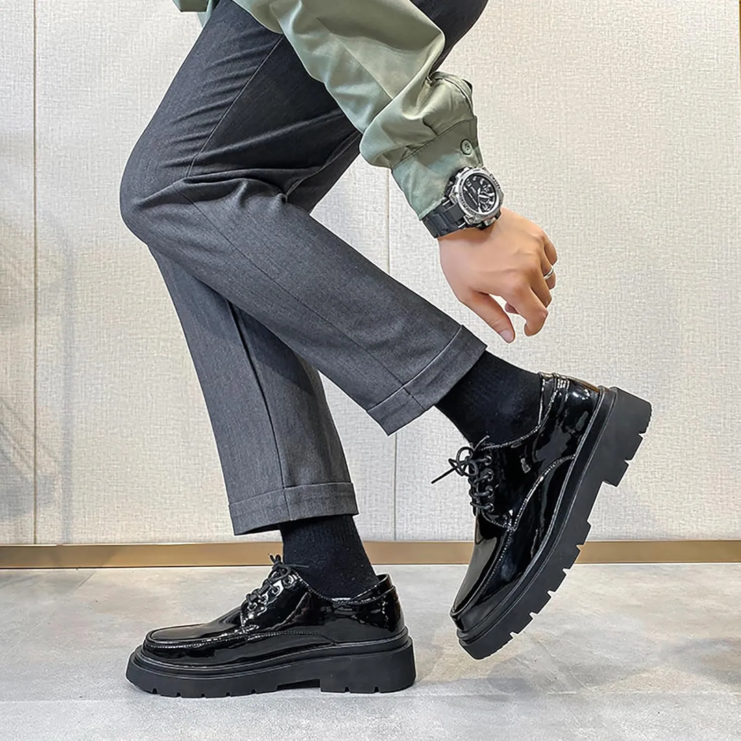Men's Patent Leather Chunky Platform Black Work Oxford Classic Lace-Up Lug Sole Anti-Slip Formal Shoes Comfortable Business Casual Derby Shoes