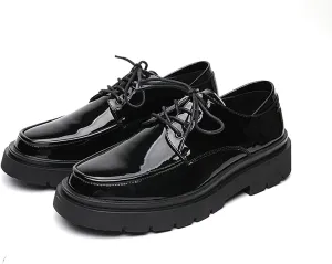 Men's Patent Leather Chunky Platform Black Work Oxford Classic Lace-Up Lug Sole Anti-Slip Formal Shoes Comfortable Business Casual Derby Shoes