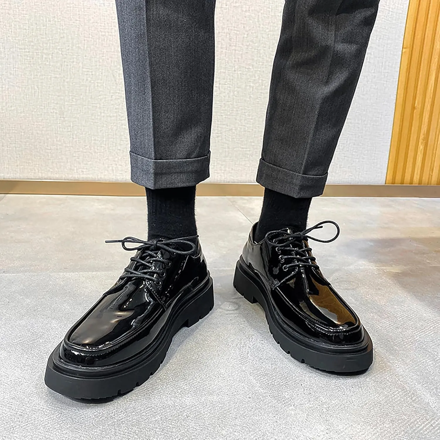Men's Patent Leather Chunky Platform Black Work Oxford Classic Lace-Up Lug Sole Anti-Slip Formal Shoes Comfortable Business Casual Derby Shoes