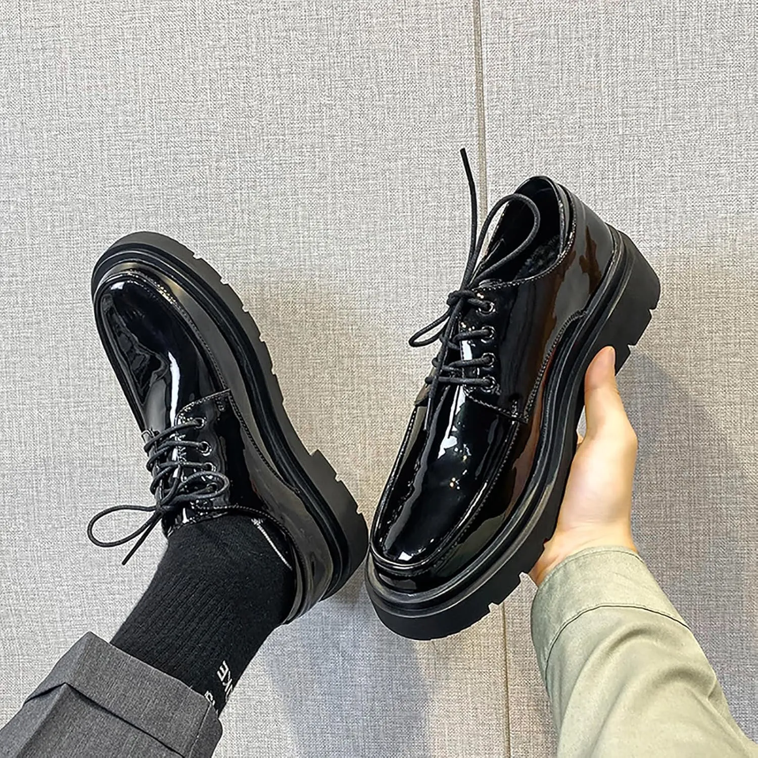 Men's Patent Leather Chunky Platform Black Work Oxford Classic Lace-Up Lug Sole Anti-Slip Formal Shoes Comfortable Business Casual Derby Shoes