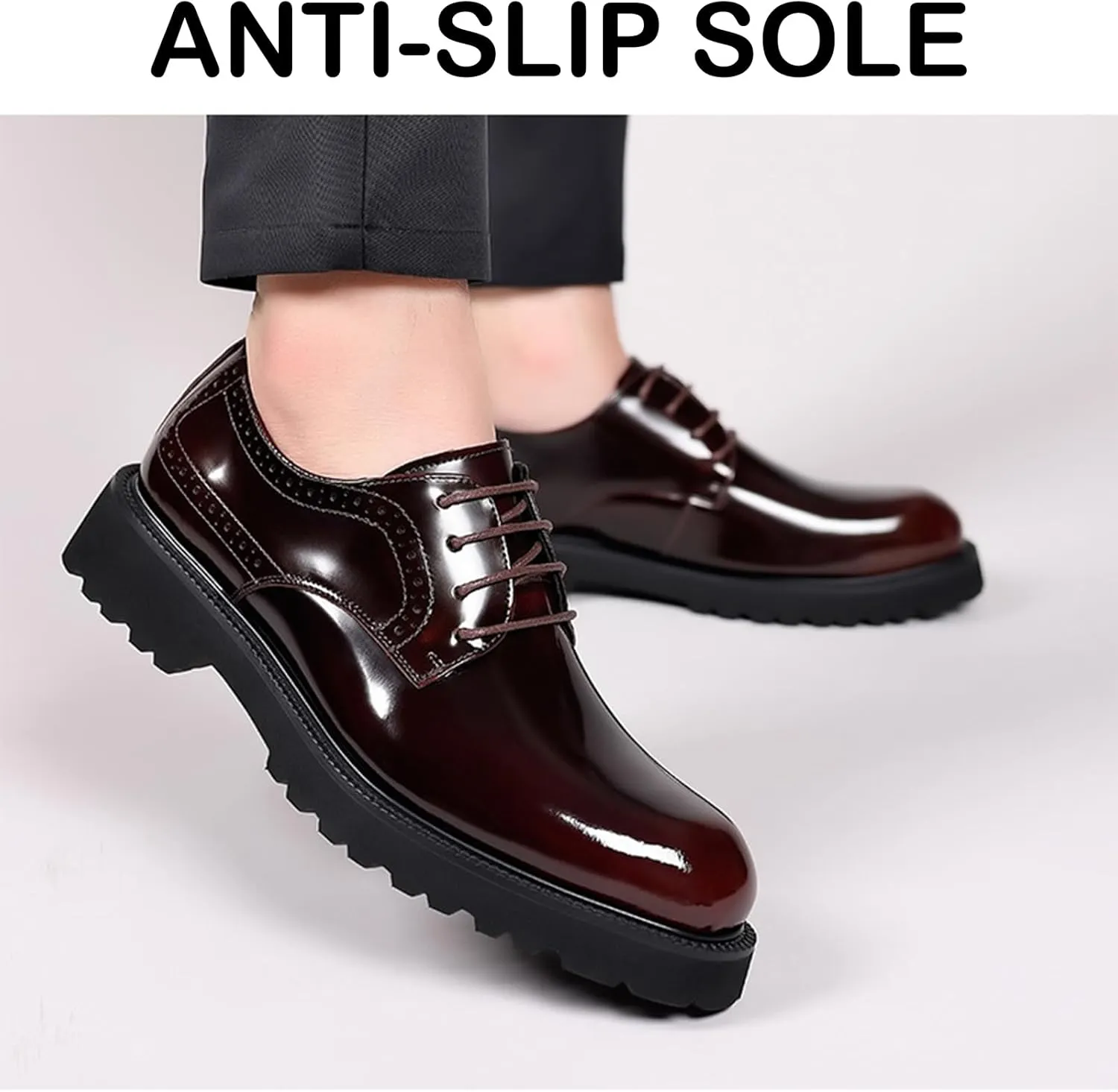 Men's Patent Leather Lace Up Platform Work Oxfords Round Toe Slip Resistant Low Top Lug Sole Brogues Dress Shoes Comfortable Business Formal Shoes