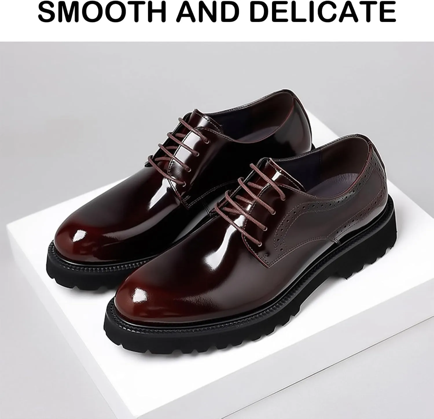 Men's Patent Leather Lace Up Platform Work Oxfords Round Toe Slip Resistant Low Top Lug Sole Brogues Dress Shoes Comfortable Business Formal Shoes