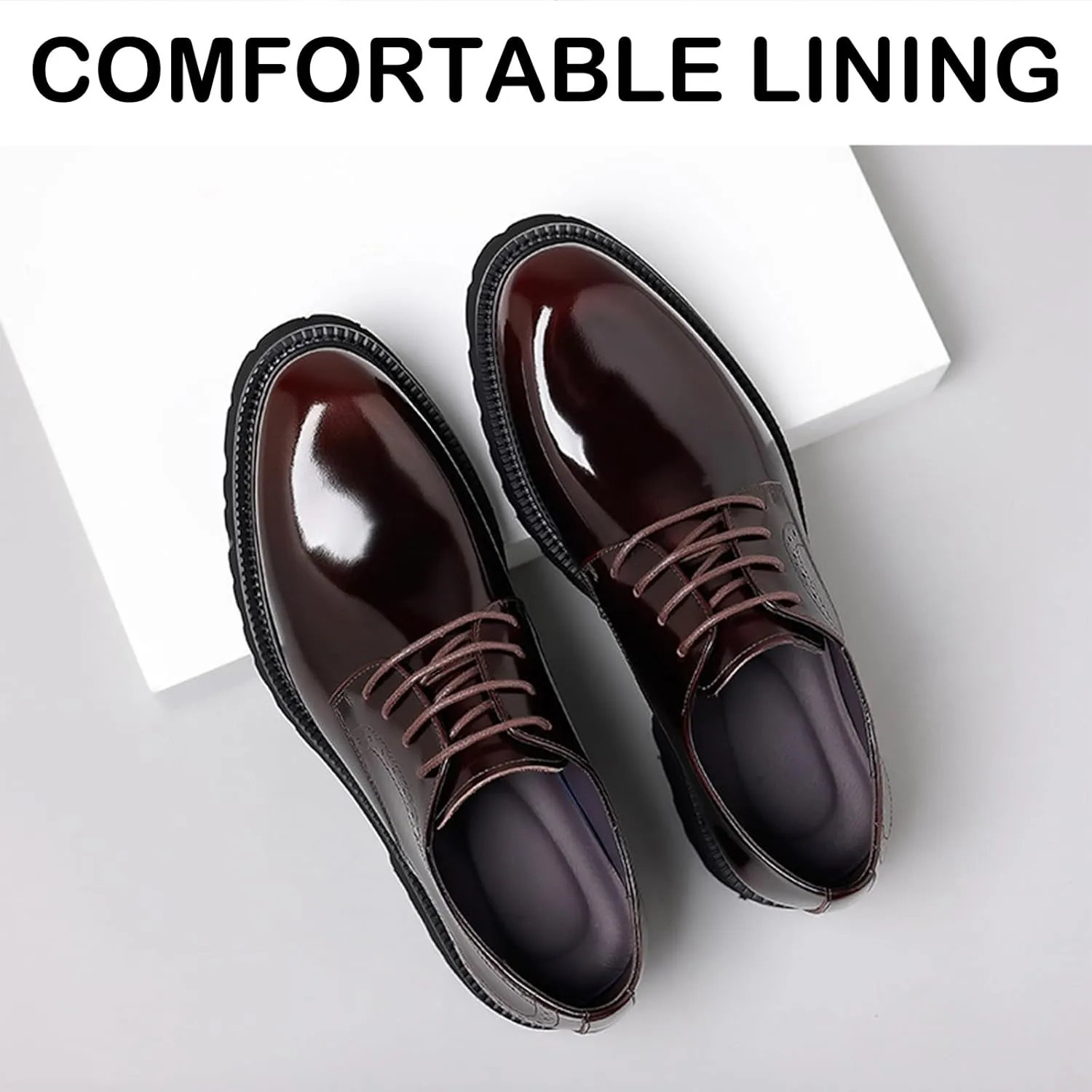 Men's Patent Leather Lace Up Platform Work Oxfords Round Toe Slip Resistant Low Top Lug Sole Brogues Dress Shoes Comfortable Business Formal Shoes