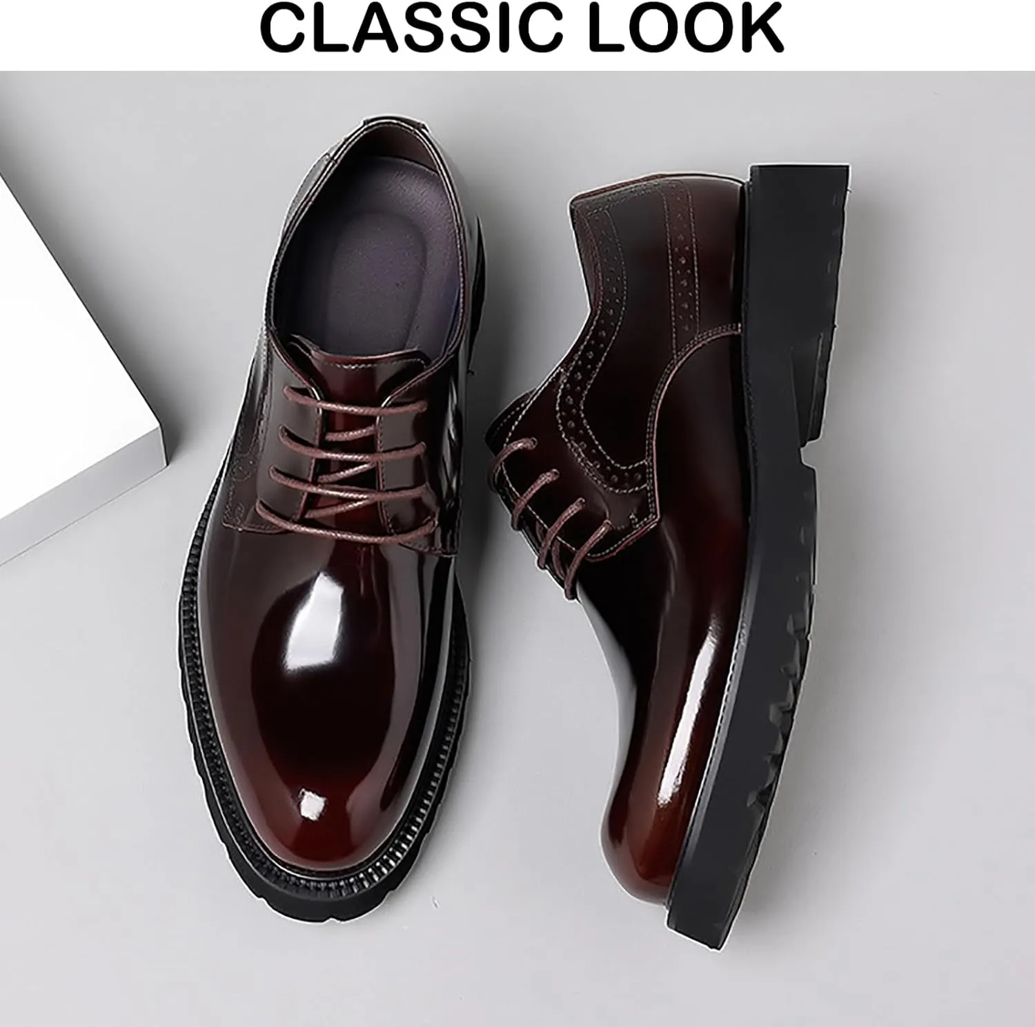 Men's Patent Leather Lace Up Platform Work Oxfords Round Toe Slip Resistant Low Top Lug Sole Brogues Dress Shoes Comfortable Business Formal Shoes
