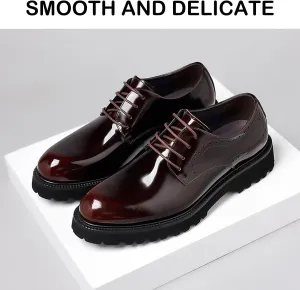 Men's Patent Leather Lace Up Platform Work Oxfords Round Toe Slip Resistant Low Top Lug Sole Brogues Dress Shoes Comfortable Business Formal Shoes