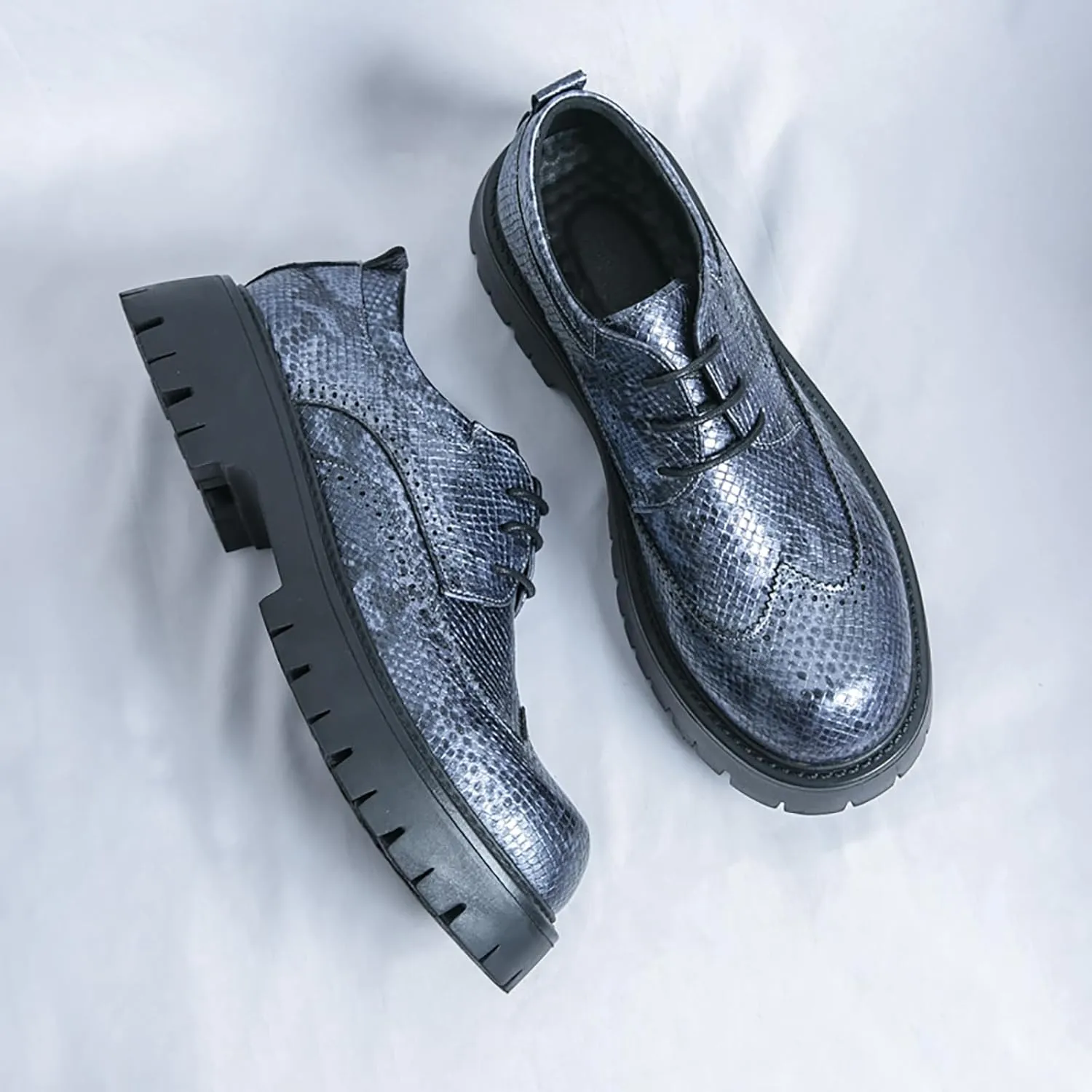 Men's Printed Leather Platform Brogue Oxfords Fashion Comfortable Round Toe Lace Up Lug Sole Block Heel Wingtips Dress Shoe for Formal Business Office Wedding Derbys