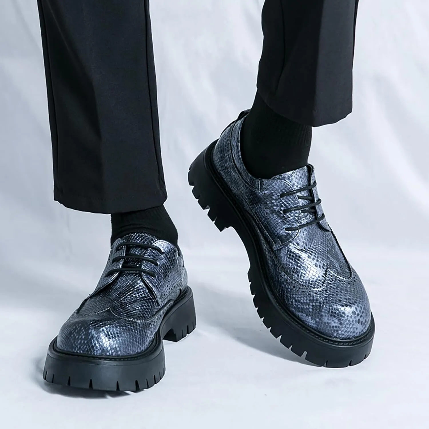 Men's Printed Leather Platform Brogue Oxfords Fashion Comfortable Round Toe Lace Up Lug Sole Block Heel Wingtips Dress Shoe for Formal Business Office Wedding Derbys