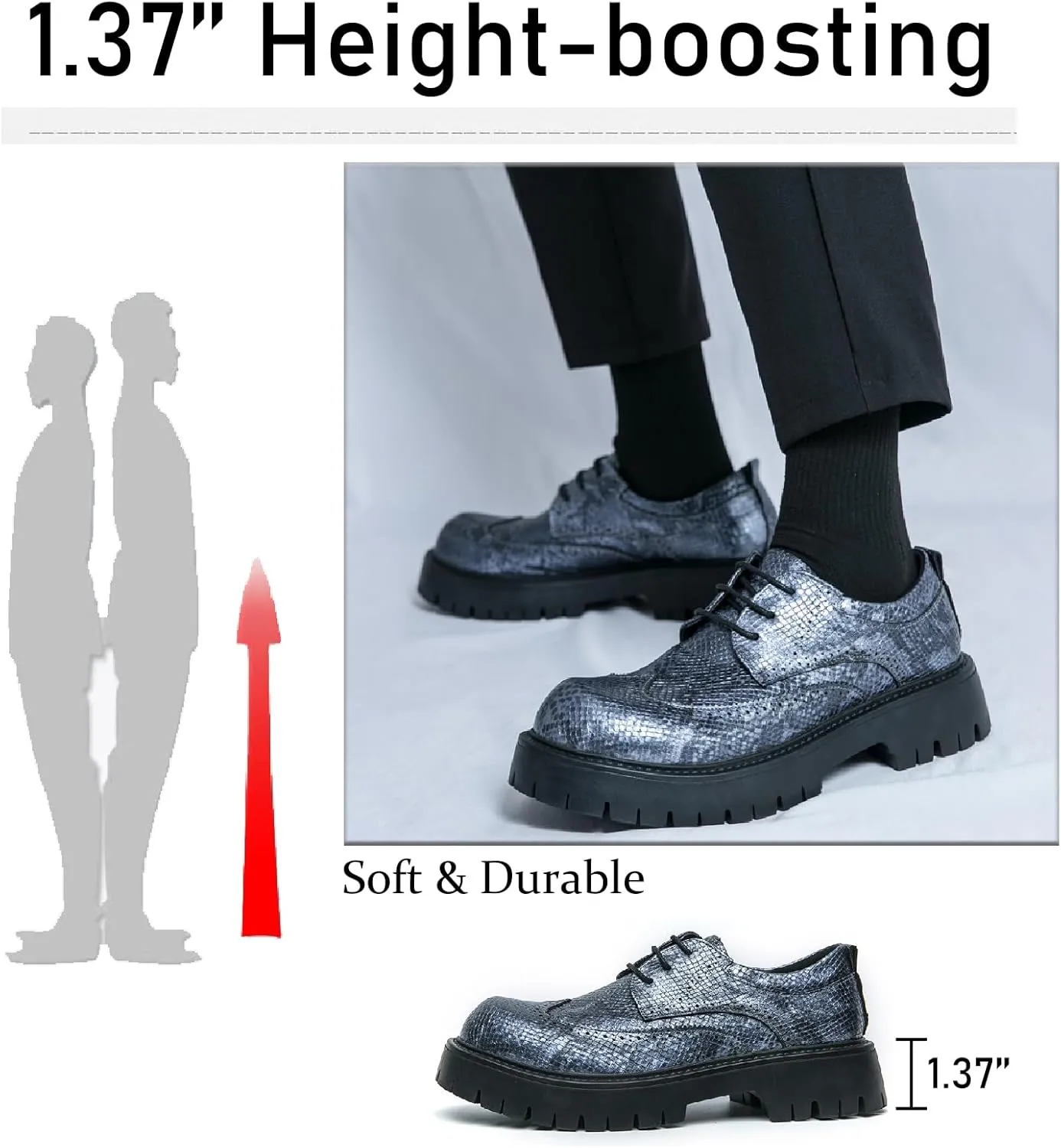 Men's Printed Leather Platform Brogue Oxfords Fashion Comfortable Round Toe Lace Up Lug Sole Block Heel Wingtips Dress Shoe for Formal Business Office Wedding Derbys
