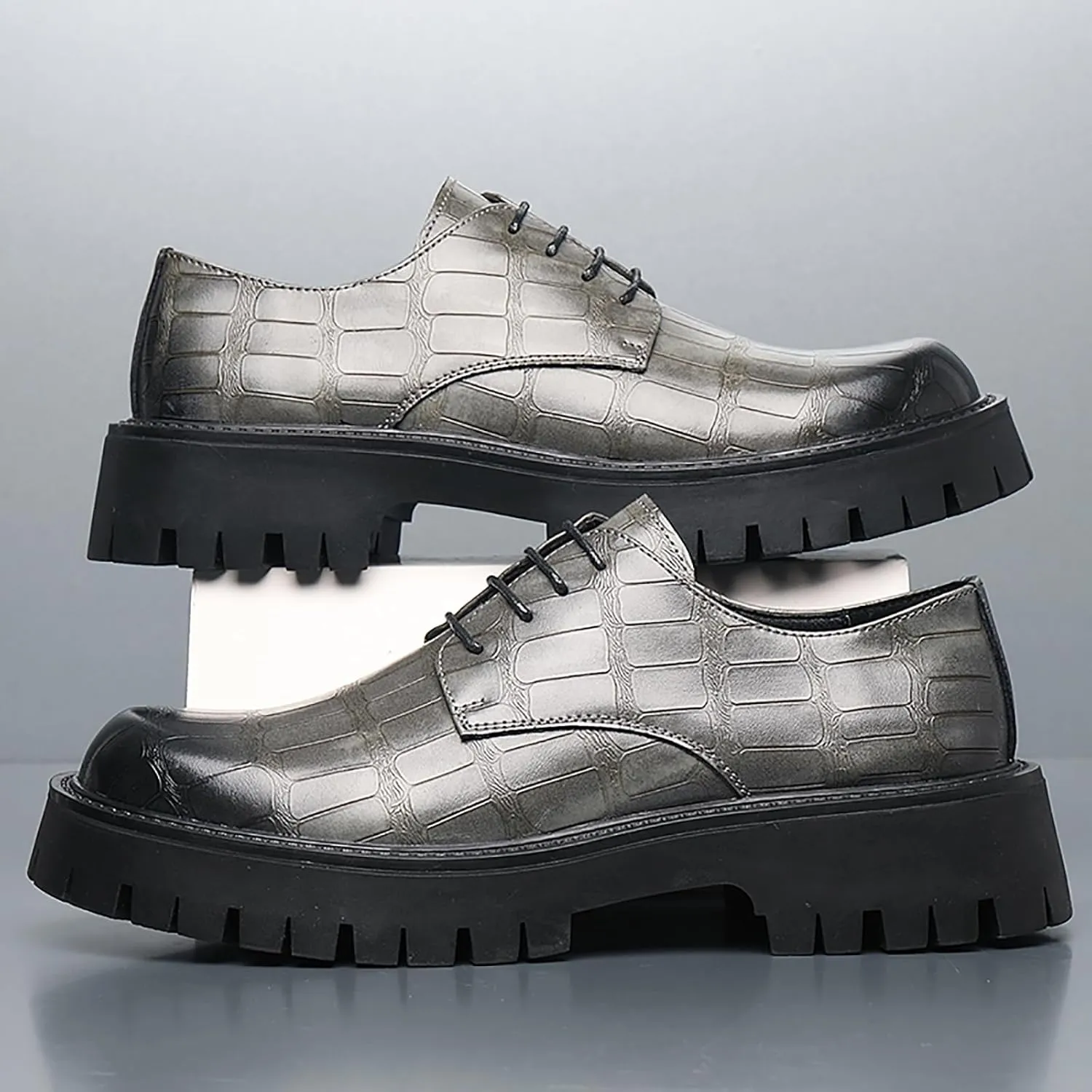 Men's Printed Leather Platform Oxford Dress Shoes Classic Lace Up Anti-Slip Lug Sole Block Heel Formal Oxfords for Wedding Office Business