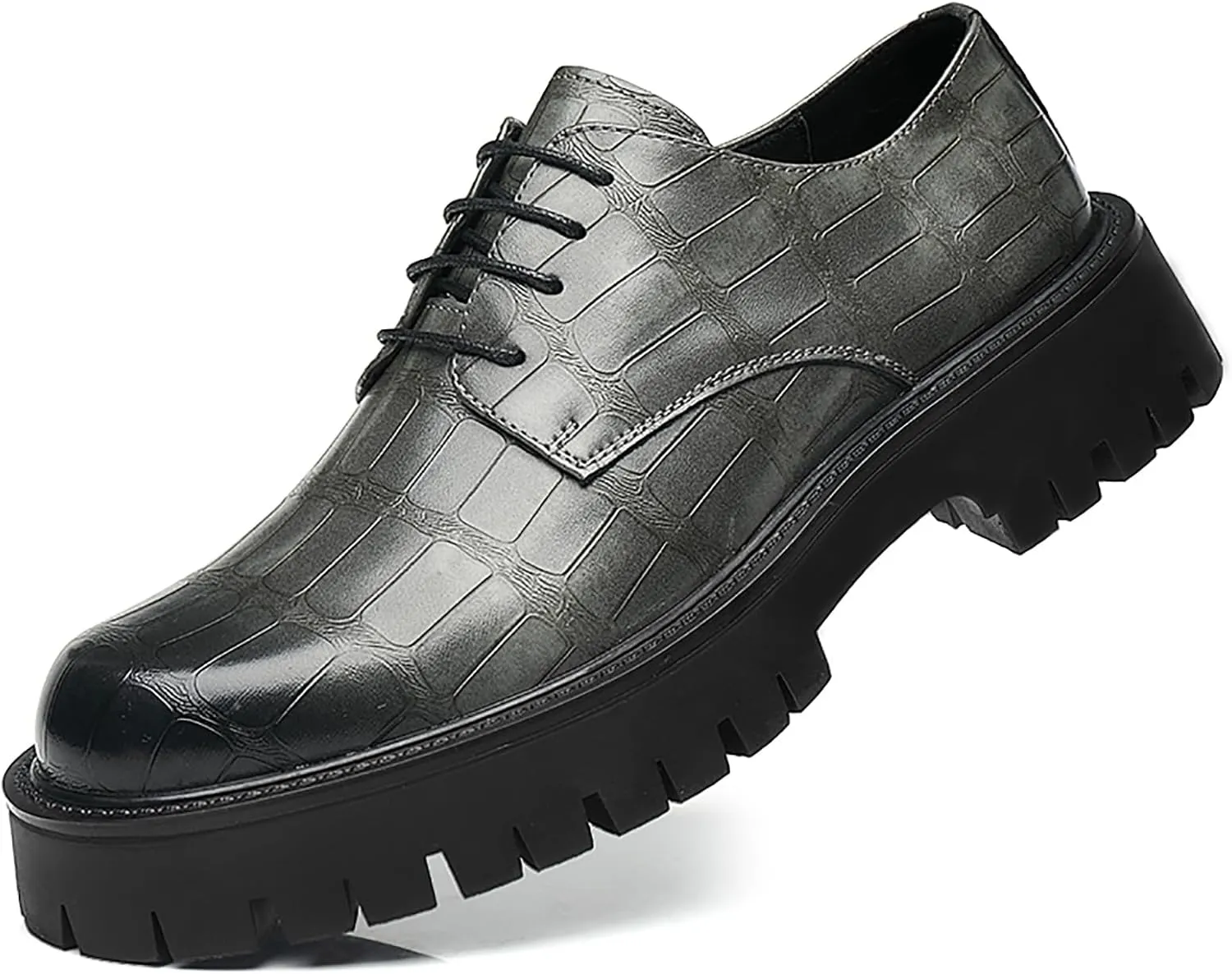 Men's Printed Leather Platform Oxford Dress Shoes Classic Lace Up Anti-Slip Lug Sole Block Heel Formal Oxfords for Wedding Office Business