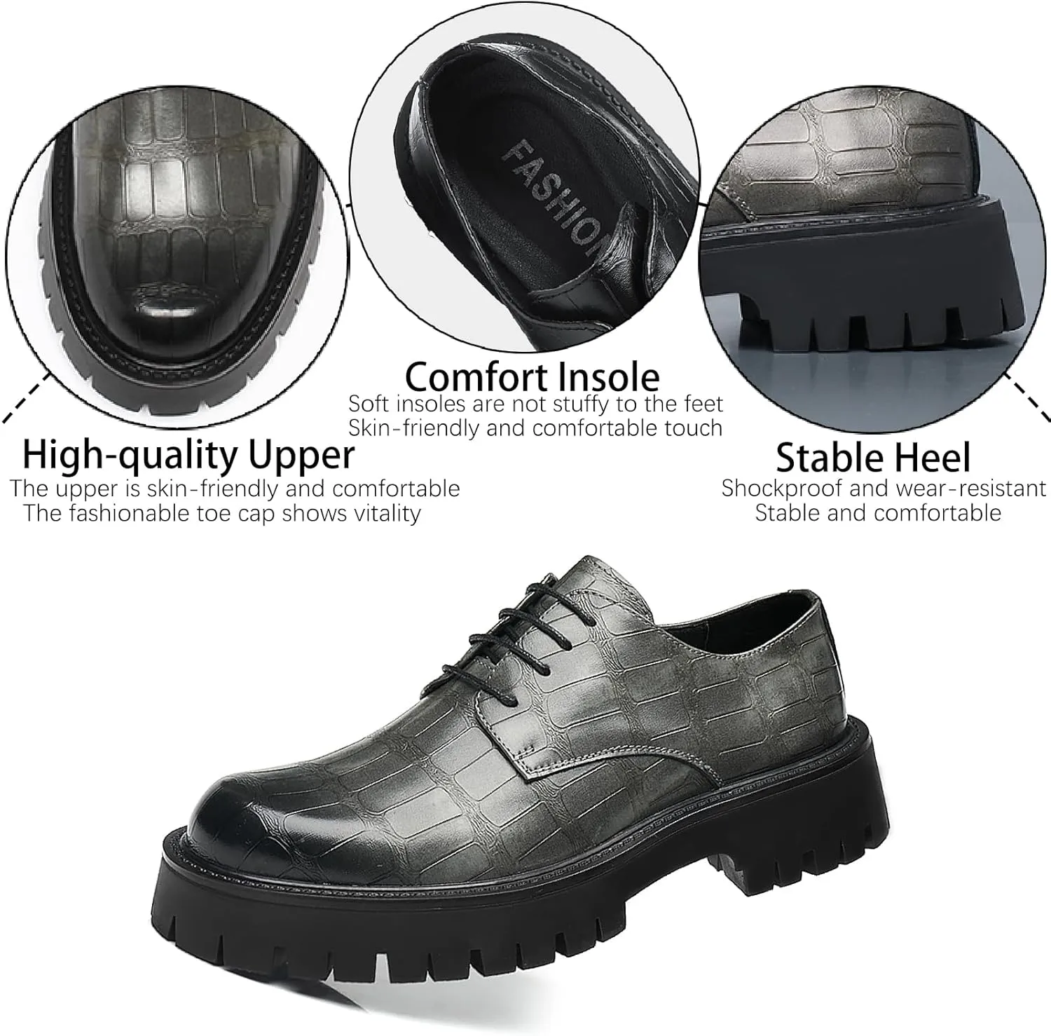 Men's Printed Leather Platform Oxford Dress Shoes Classic Lace Up Anti-Slip Lug Sole Block Heel Formal Oxfords for Wedding Office Business