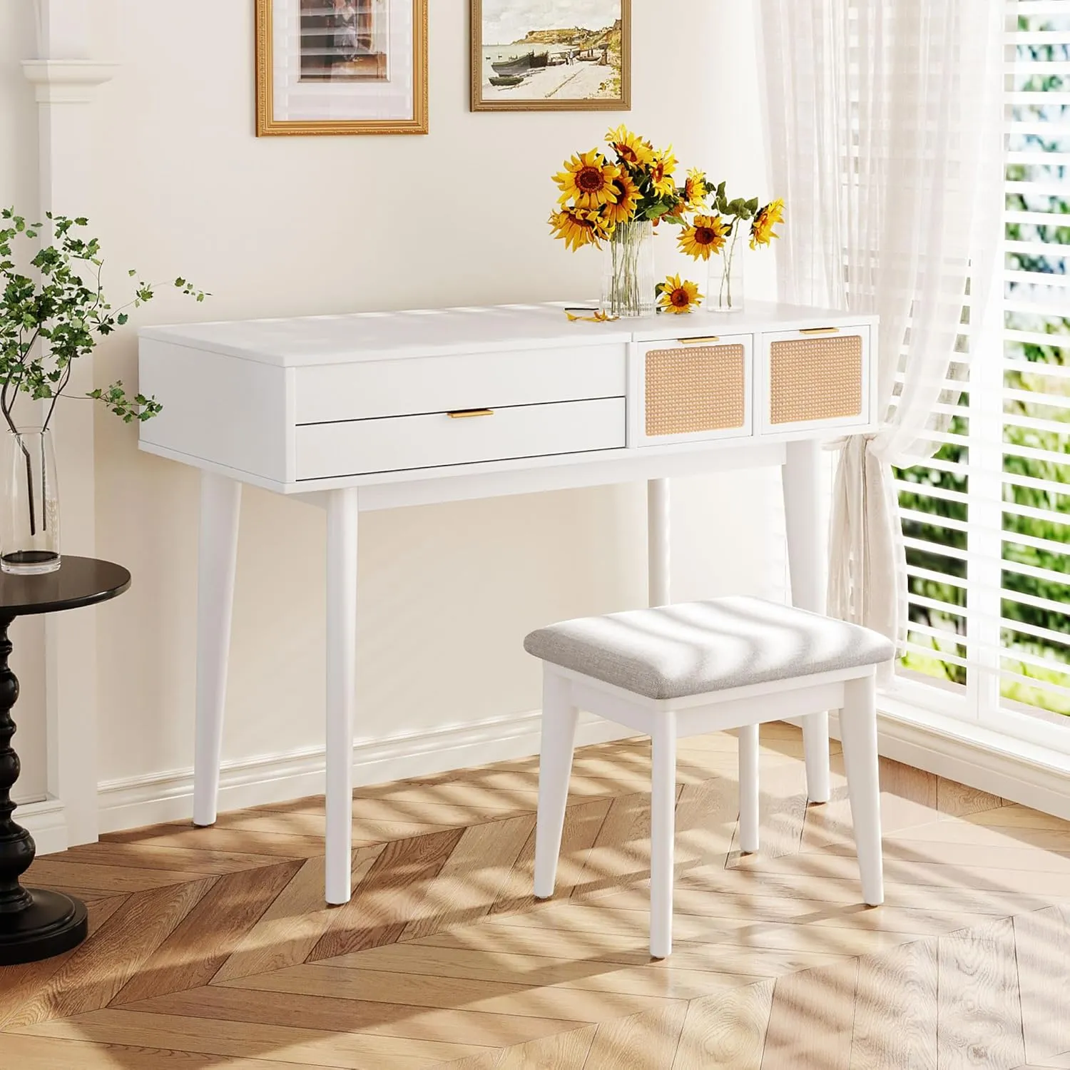 Merax 43.3" Classic Wood Makeup Vanity Desk Set with Flip-top Mirror, Dressing Table with 3 Storage Drawers and Cushioned Stool, White
