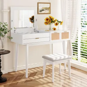 Merax 43.3" Classic Wood Makeup Vanity Desk Set with Flip-top Mirror, Dressing Table with 3 Storage Drawers and Cushioned Stool, White