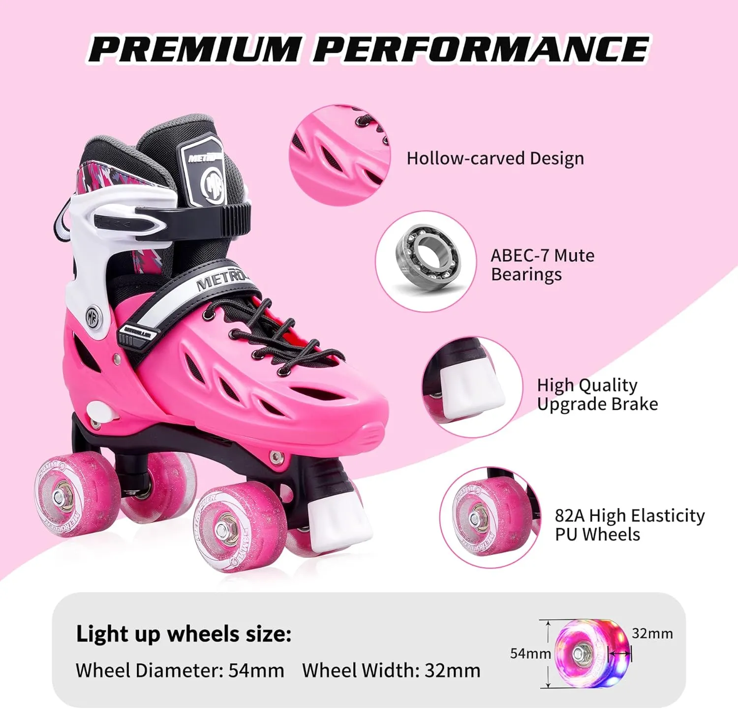 METROLLER Roller Skates for Girls Ages 5-8 8-12 and Boys Teens, Adjustable 4 Sizes for Kids Toddler Rollerskates with Light up Wheels, for Youth Women and Men
