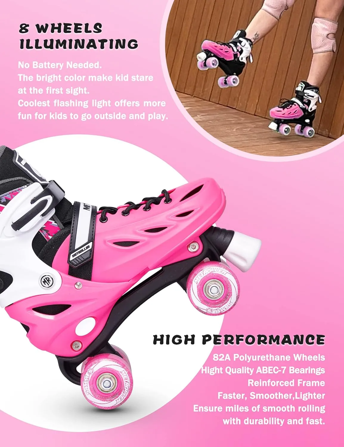 METROLLER Roller Skates for Girls Ages 5-8 8-12 and Boys Teens, Adjustable 4 Sizes for Kids Toddler Rollerskates with Light up Wheels, for Youth Women and Men