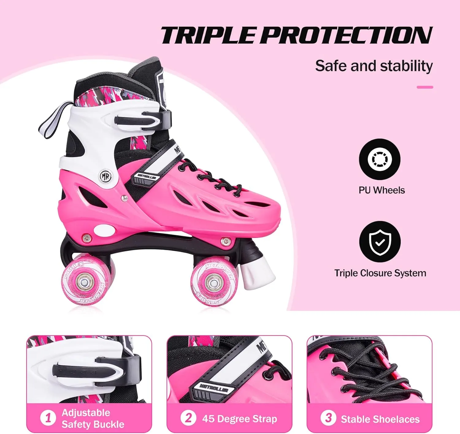 METROLLER Roller Skates for Girls Ages 5-8 8-12 and Boys Teens, Adjustable 4 Sizes for Kids Toddler Rollerskates with Light up Wheels, for Youth Women and Men