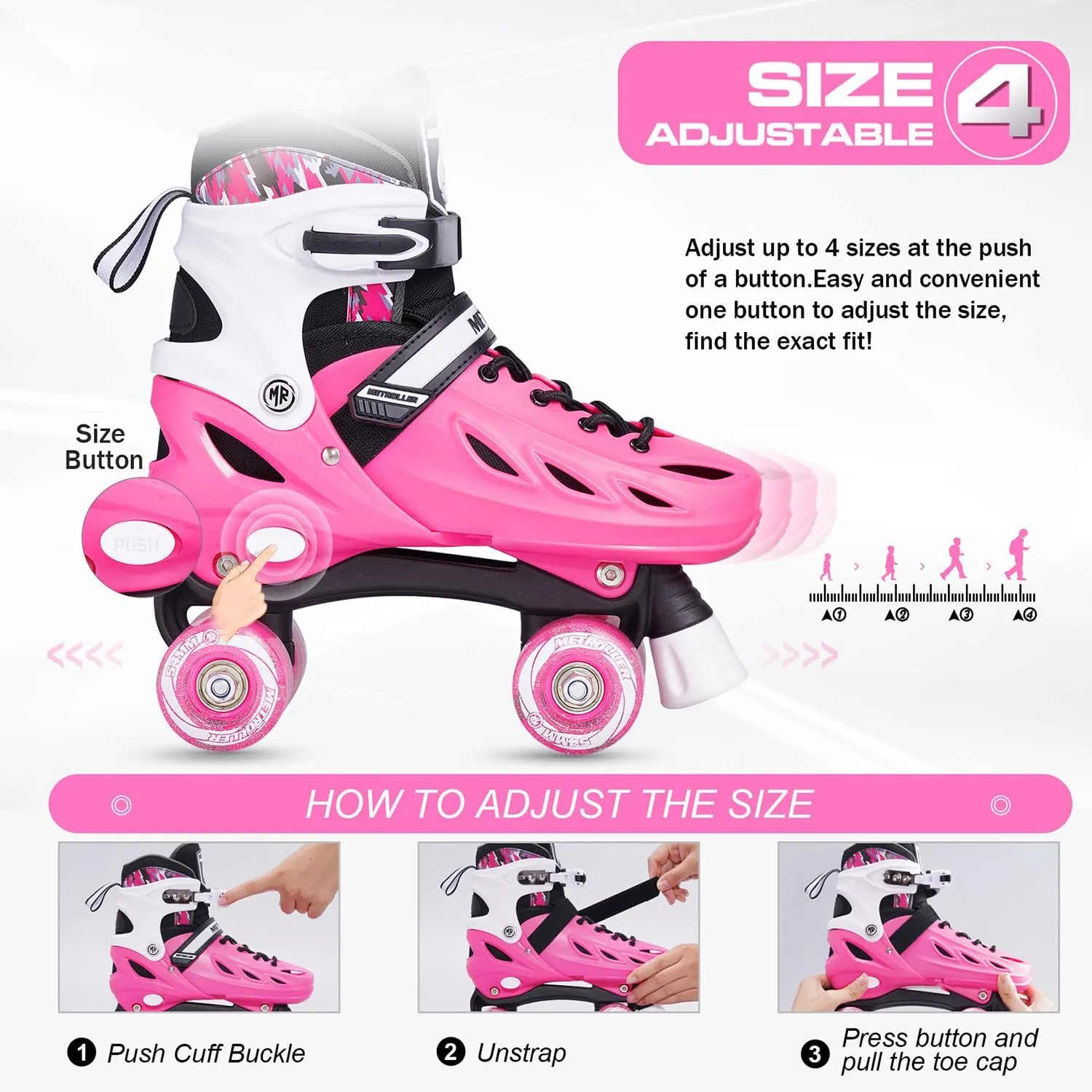METROLLER Roller Skates for Girls Ages 5-8 8-12 and Boys Teens, Adjustable 4 Sizes for Kids Toddler Rollerskates with Light up Wheels, for Youth Women and Men