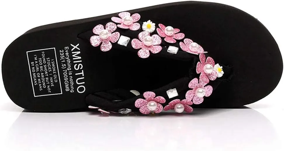 MIOKE Women's Flower Wedge High Heel Flipflops Trendy Summer Platform Comfort Nonslip Beach Thong Sandals