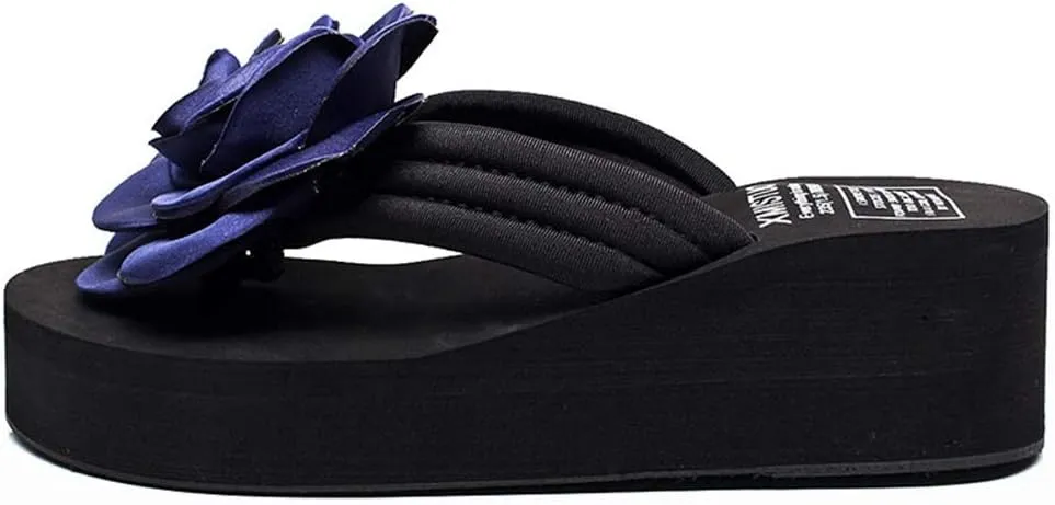 MIOKE Women's Flower Wedge High Heel Flipflops Trendy Summer Platform Comfort Nonslip Beach Thong Sandals