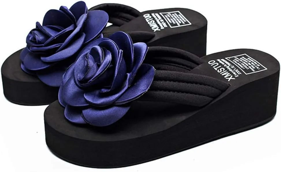 MIOKE Women's Flower Wedge High Heel Flipflops Trendy Summer Platform Comfort Nonslip Beach Thong Sandals