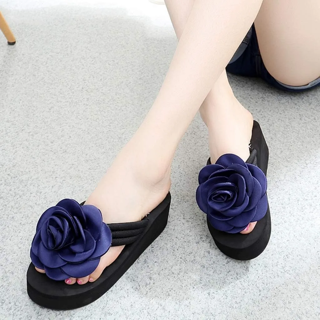 MIOKE Women's Flower Wedge High Heel Flipflops Trendy Summer Platform Comfort Nonslip Beach Thong Sandals