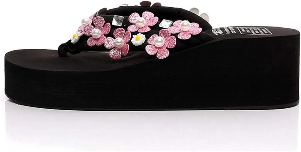 MIOKE Women's Flower Wedge High Heel Flipflops Trendy Summer Platform Comfort Nonslip Beach Thong Sandals