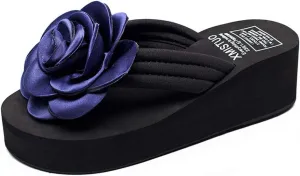 MIOKE Women's Flower Wedge High Heel Flipflops Trendy Summer Platform Comfort Nonslip Beach Thong Sandals