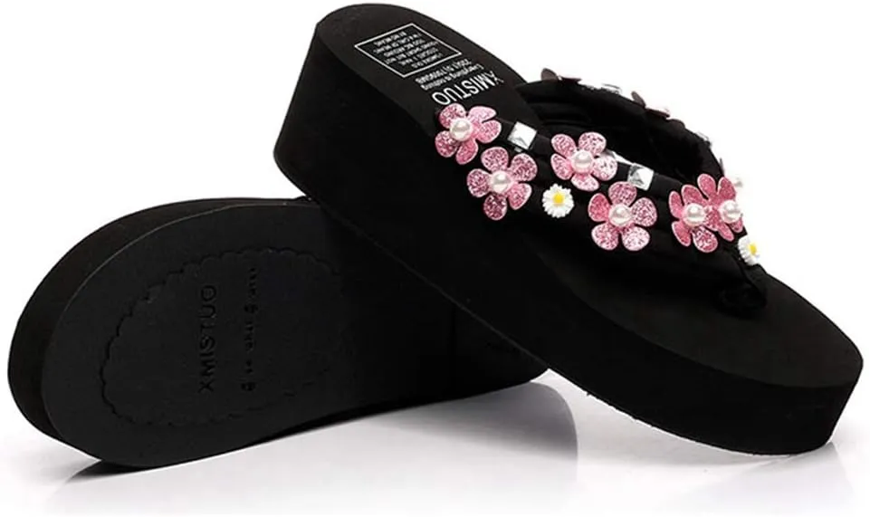 MIOKE Women's Flower Wedge High Heel Flipflops Trendy Summer Platform Comfort Nonslip Beach Thong Sandals