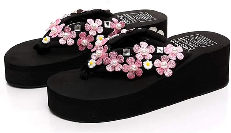 MIOKE Women's Flower Wedge High Heel Flipflops Trendy Summer Platform Comfort Nonslip Beach Thong Sandals