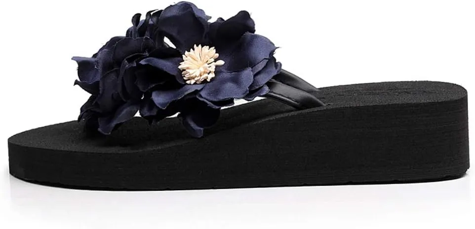 MIOKE Women's Flowers Low Wedge Flip Flops Summer Platform Comfort Anti-Slip Floral Beach Thong Sandals