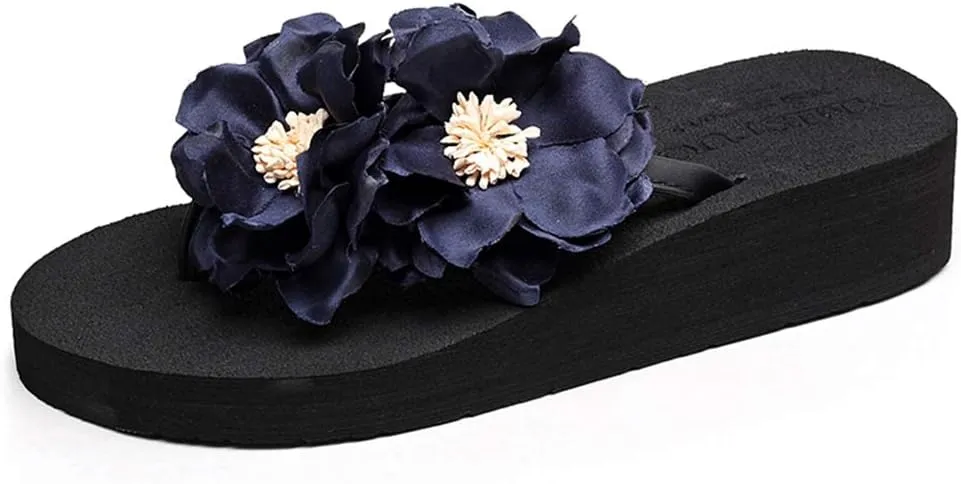 MIOKE Women's Flowers Low Wedge Flip Flops Summer Platform Comfort Anti-Slip Floral Beach Thong Sandals