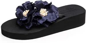 MIOKE Women's Flowers Low Wedge Flip Flops Summer Platform Comfort Anti-Slip Floral Beach Thong Sandals