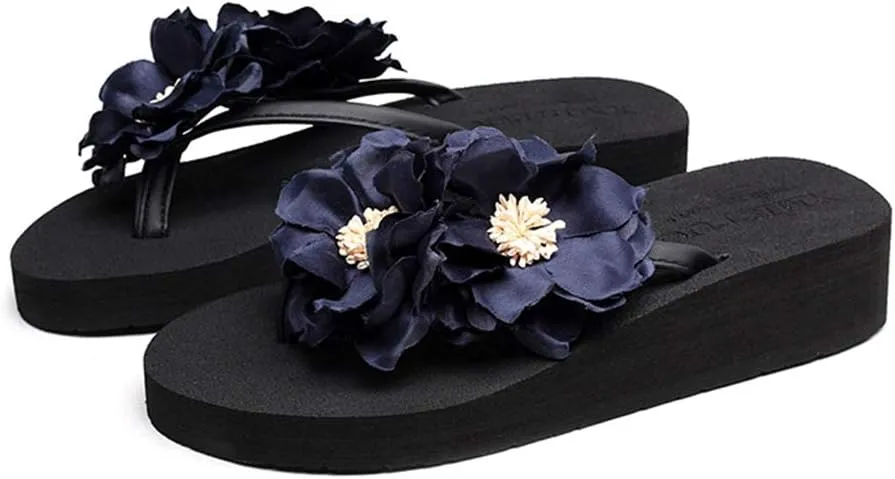 MIOKE Women's Flowers Low Wedge Flip Flops Summer Platform Comfort Anti-Slip Floral Beach Thong Sandals