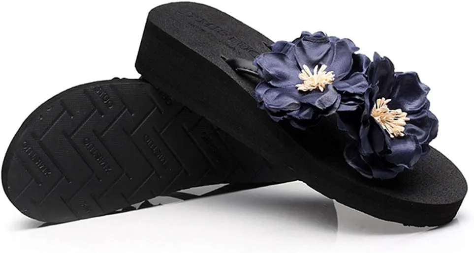 MIOKE Women's Flowers Low Wedge Flip Flops Summer Platform Comfort Anti-Slip Floral Beach Thong Sandals
