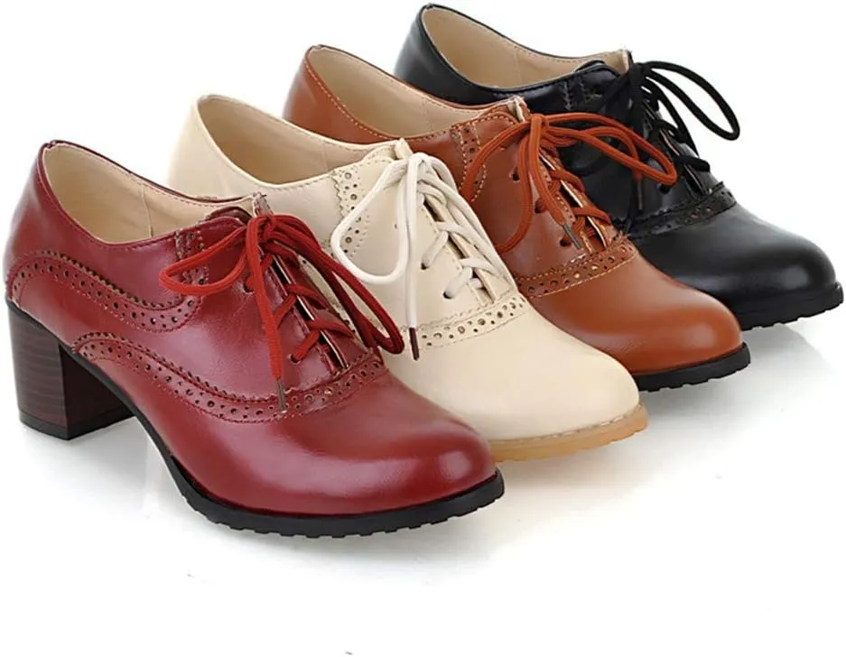 MIOKE Women's Vintage Pump Oxfords Brogues Lace Up Wingtip Perforated Chunky Mid Block Heel Dress Shoes