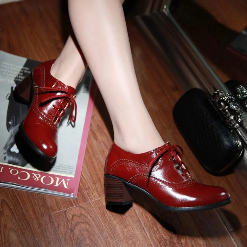 MIOKE Women's Vintage Pump Oxfords Brogues Lace Up Wingtip Perforated Chunky Mid Block Heel Dress Shoes
