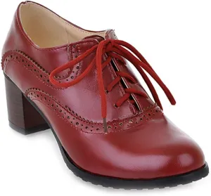 MIOKE Women's Vintage Pump Oxfords Brogues Lace Up Wingtip Perforated Chunky Mid Block Heel Dress Shoes