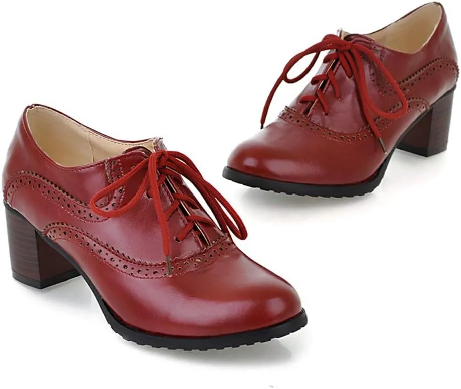 MIOKE Women's Vintage Pump Oxfords Brogues Lace Up Wingtip Perforated Chunky Mid Block Heel Dress Shoes