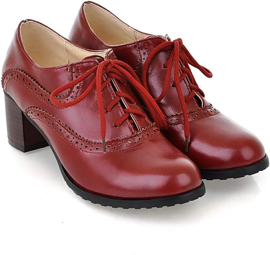 MIOKE Women's Vintage Pump Oxfords Brogues Lace Up Wingtip Perforated Chunky Mid Block Heel Dress Shoes