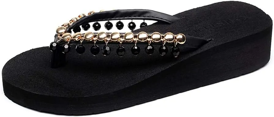 MIOKE Women's Wedge High Heel Fringe Flipflops Summer Platform Comfort Nonslip Tassel Beach Thong Sandals
