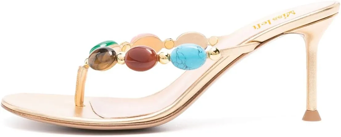 miss left Women Jewelled Open Toe Flip Flops Sexy Thin High Heel Slip on Thong Sandals Comfy Summer Party Shoes Size 4-16 US
